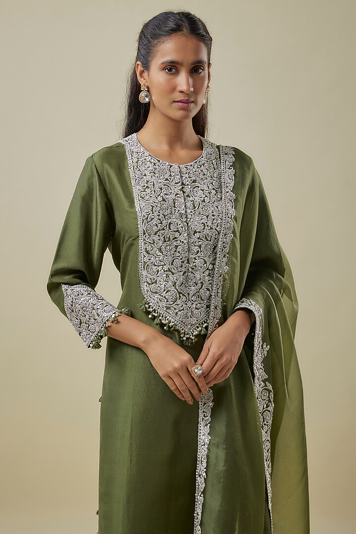 Green Silk Pitta & Zari Work Kurta Set by Prisho at Pernia's Pop Up Shop