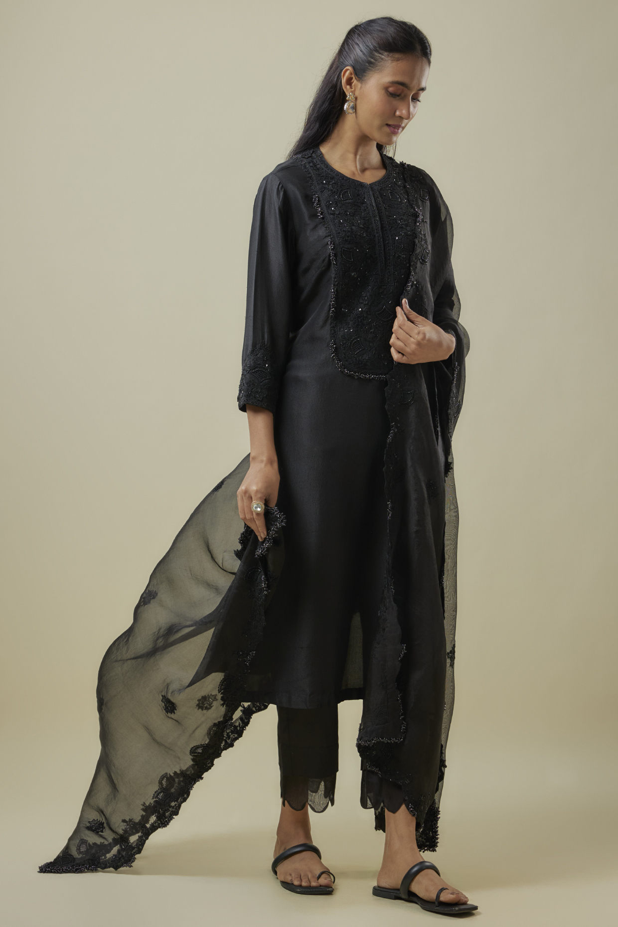Black Silk Resham Work Kurta Set by Prisho at Pernia's Pop Up Shop