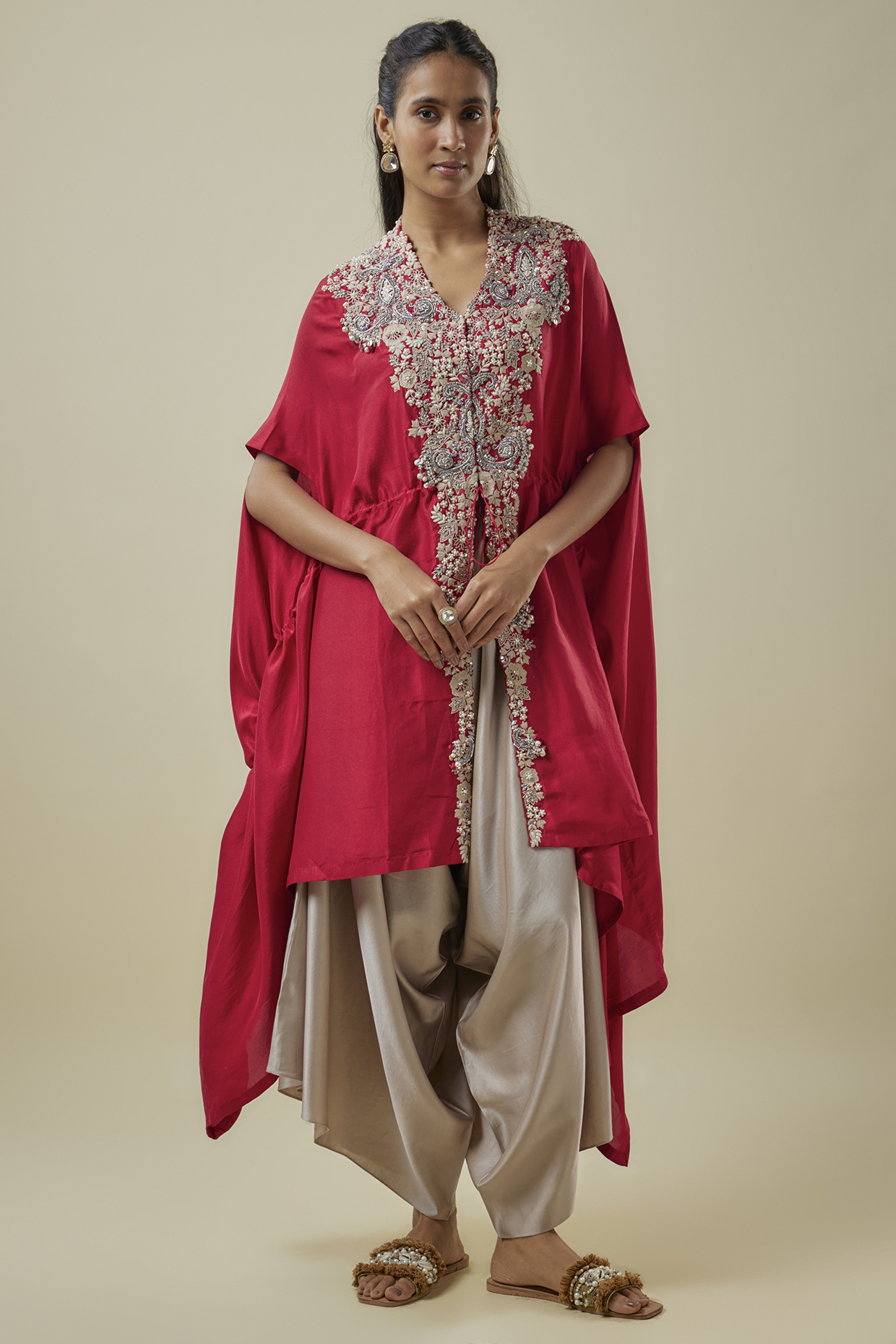 Red Silk Resham Work Kaftan Set by Prisho at Pernia's Pop Up Shop