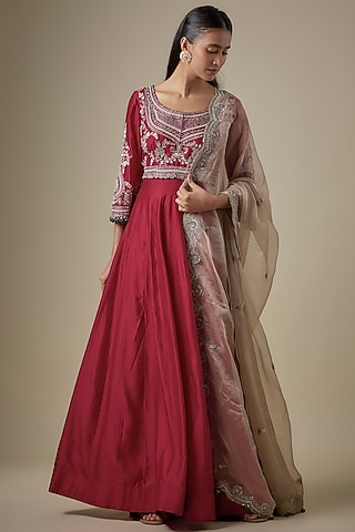 Red Silk Resham & Maal Work Anarkali Set by Prisho