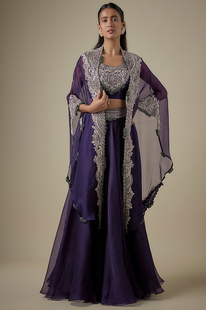 Dark Purple Organza Maal Work Cape Set by Prisho at Pernia's Pop Up Shop