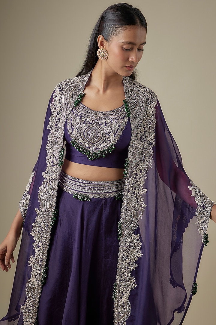 Dark Purple Organza Maal Work Cape Set by Prisho at Pernia's Pop Up Shop