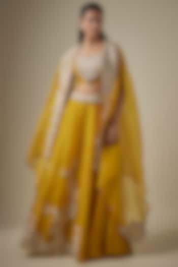 Mustard Organza Resham Work Cape Set by Prisho at Pernia's Pop Up Shop