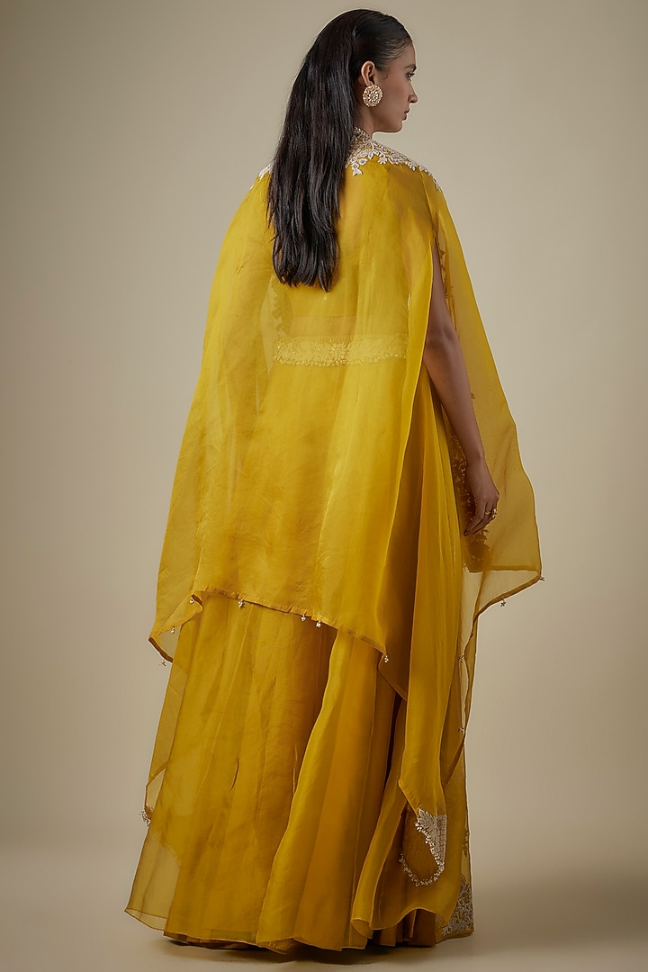 Mustard Organza Resham Work Cape Set by Prisho at Pernia's Pop Up Shop