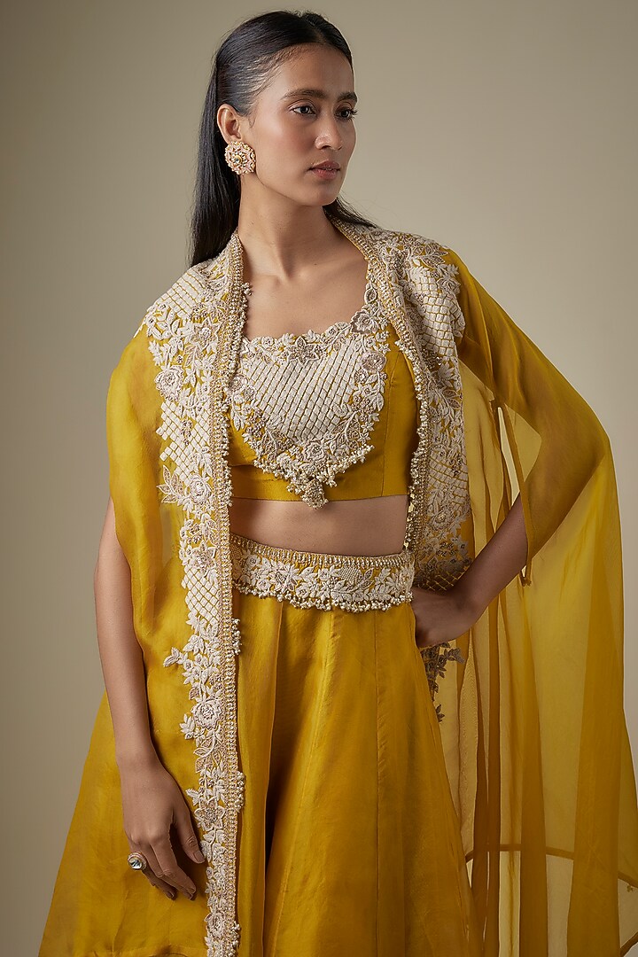 Mustard Organza Resham Work Cape Set by Prisho at Pernia's Pop Up Shop