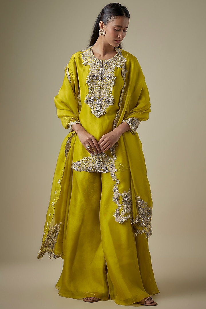 Lime Green Organza Wedding Sharara Set by Prisho at Pernia's Pop Up Shop