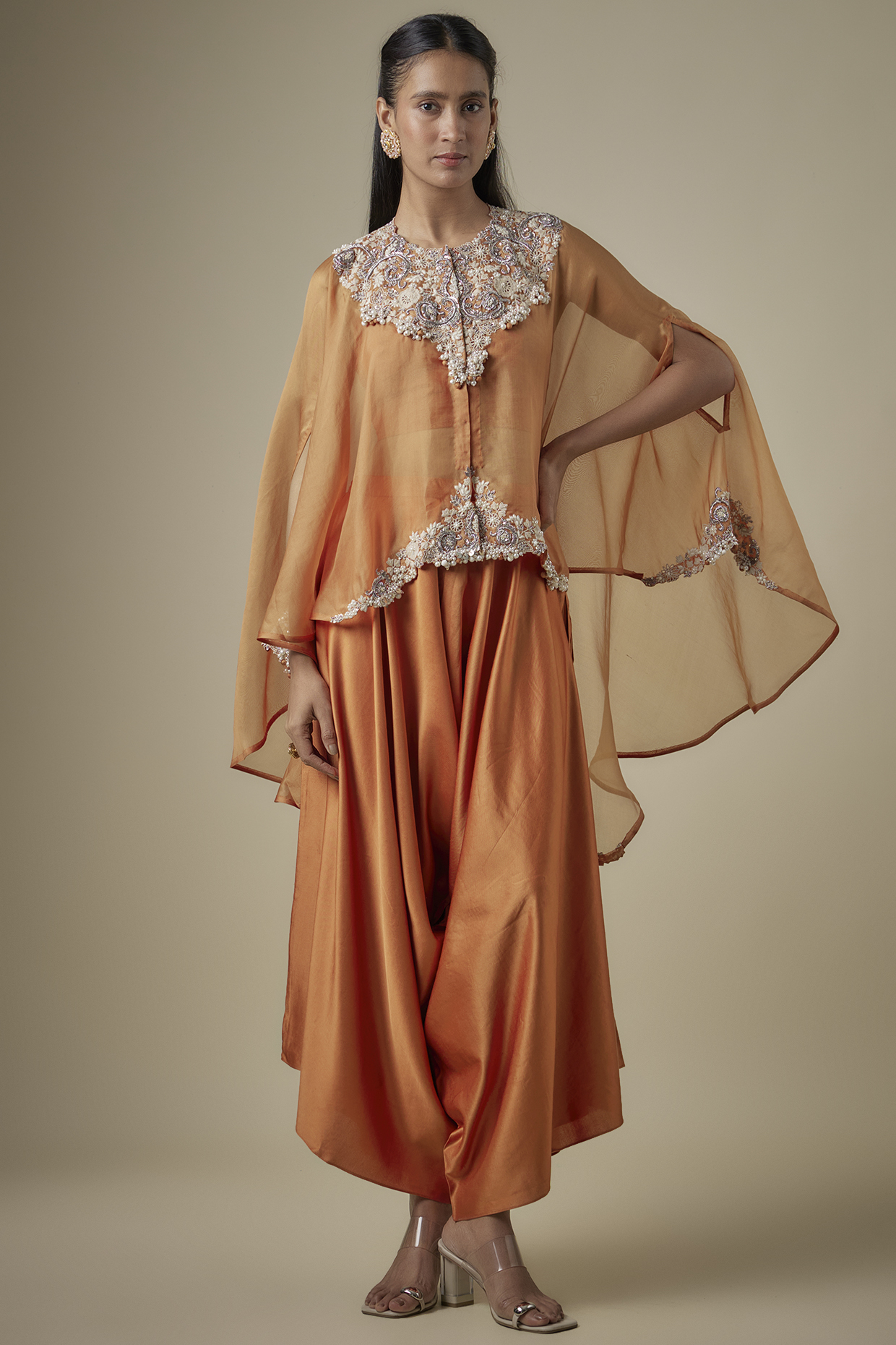 Rust Orange Organza Resham Work Umbrella Kaftan Set by Prisho at Pernia's Pop Up Shop