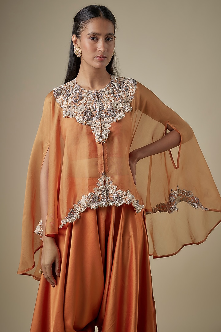 Rust Orange Organza Resham Work Umbrella Kaftan Set by Prisho at Pernia's Pop Up Shop