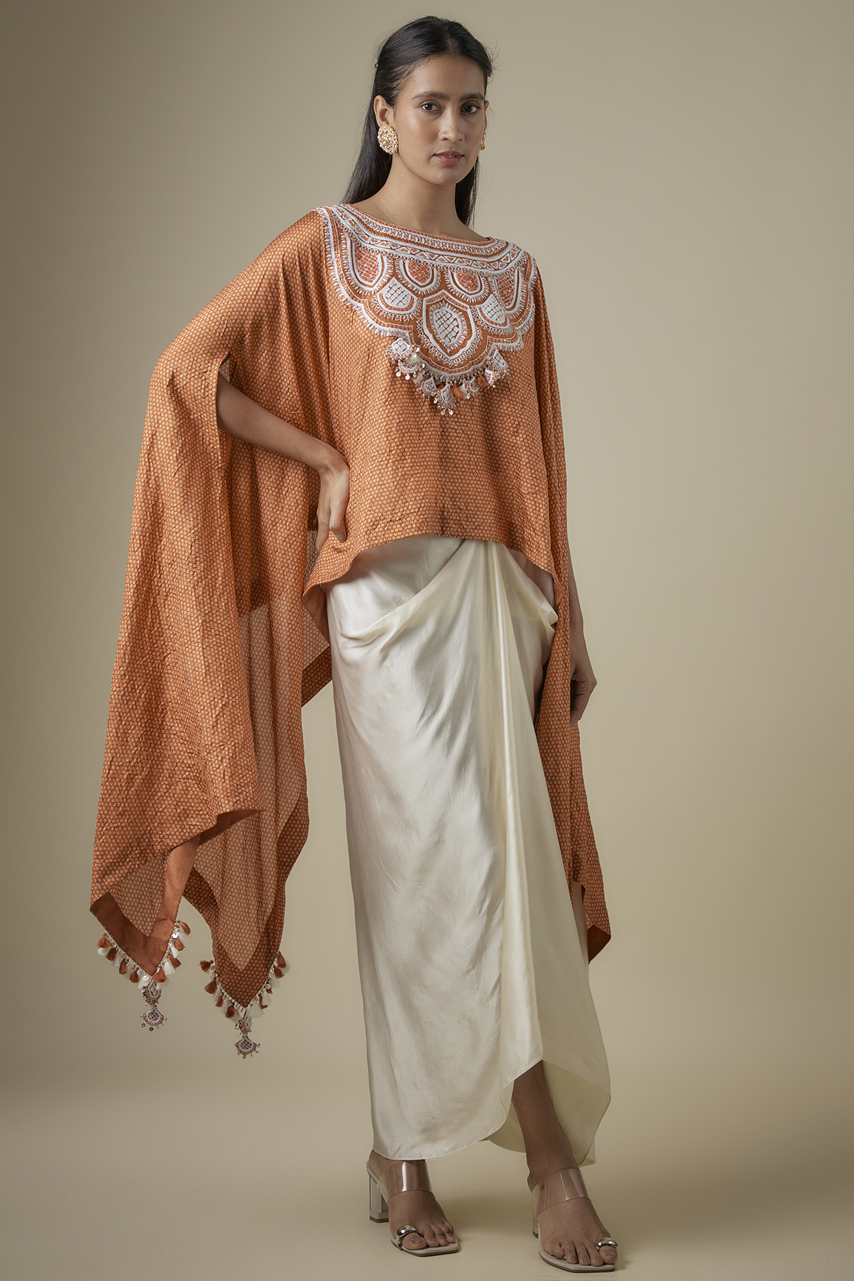 Rust Bandhej Resham Work Kaftan Set by Prisho at Pernia's Pop Up Shop