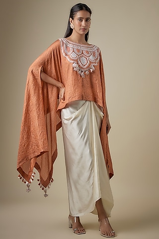 Rust Bandhej Resham Work Kaftan Set by Prisho