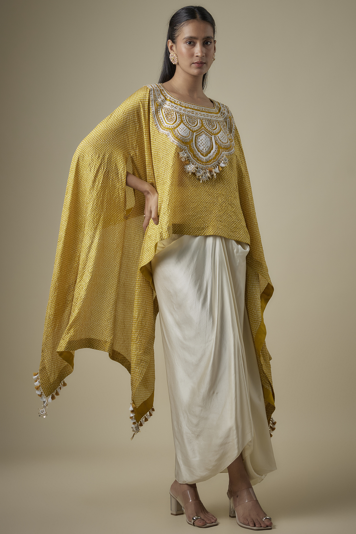 Mustard Bandhej Resham Work Kaftan Set by Prisho at Pernia's Pop Up Shop