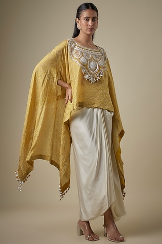Mustard Bandhej Resham Work Kaftan Set by Prisho