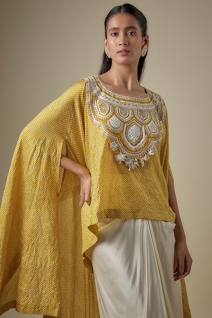 Mustard Bandhej Resham Work Kaftan Set by Prisho at Pernia's Pop Up Shop