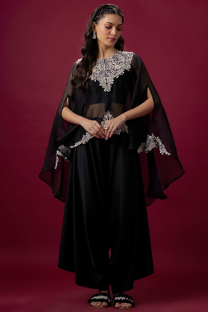 Black Organza Resham Work Umbrella Kaftan Set by Prisho at Pernia's Pop Up Shop