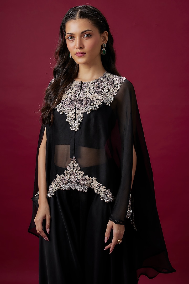 Black Organza Resham Work Umbrella Kaftan Set by Prisho at Pernia's Pop Up Shop