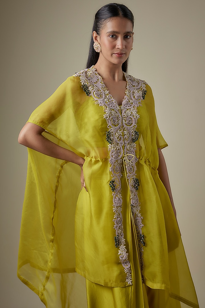Lime Green Organza Dori Work Jacket Set by Prisho at Pernia's Pop Up Shop