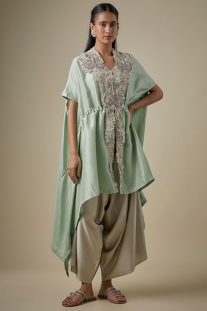 Aqua Silk Resham & Maal Work Kaftan Set by Prisho at Pernia's Pop Up Shop