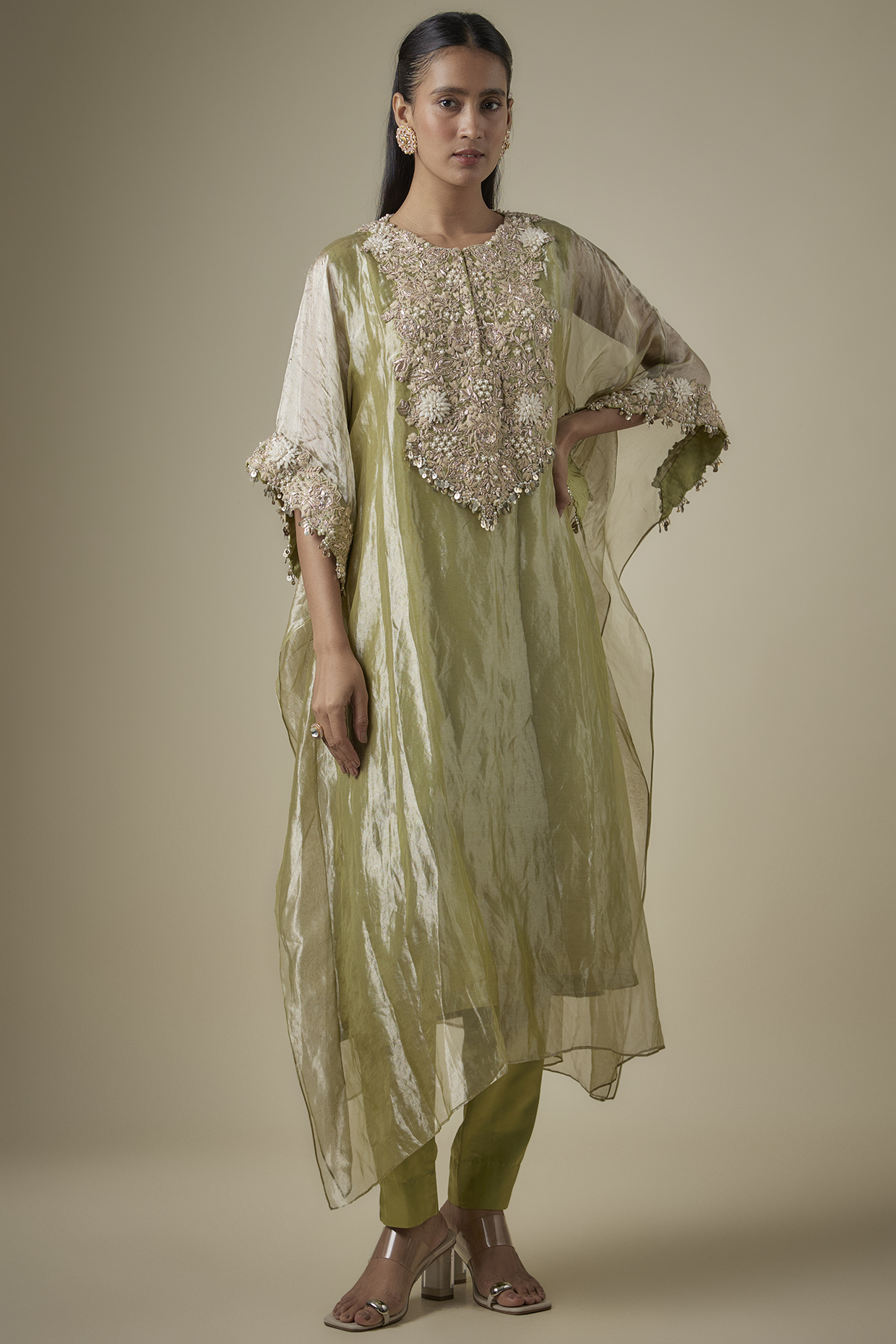 Sea Green Tissue Resham Work Kaftan Set by Prisho at Pernia's Pop Up Shop