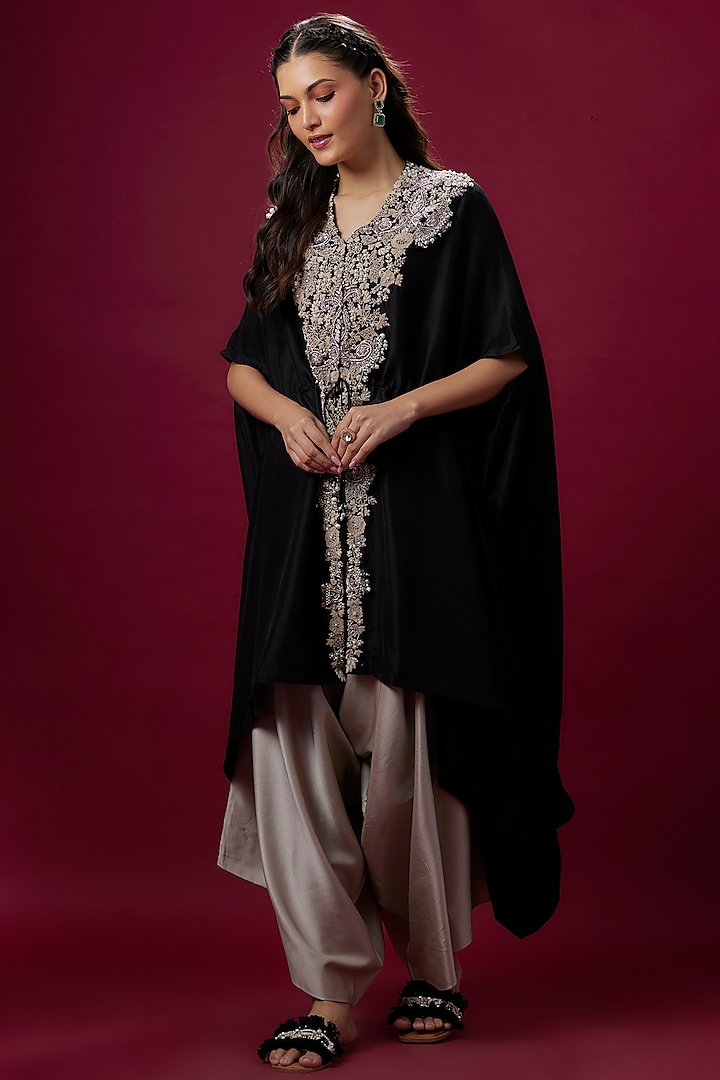 Black Silk Resham Work Kaftan Set by Prisho at Pernia's Pop Up Shop