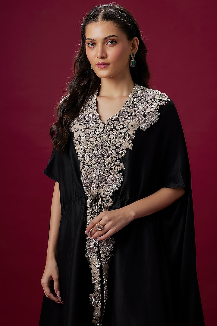 Black Silk Resham Work Kaftan Set by Prisho at Pernia's Pop Up Shop