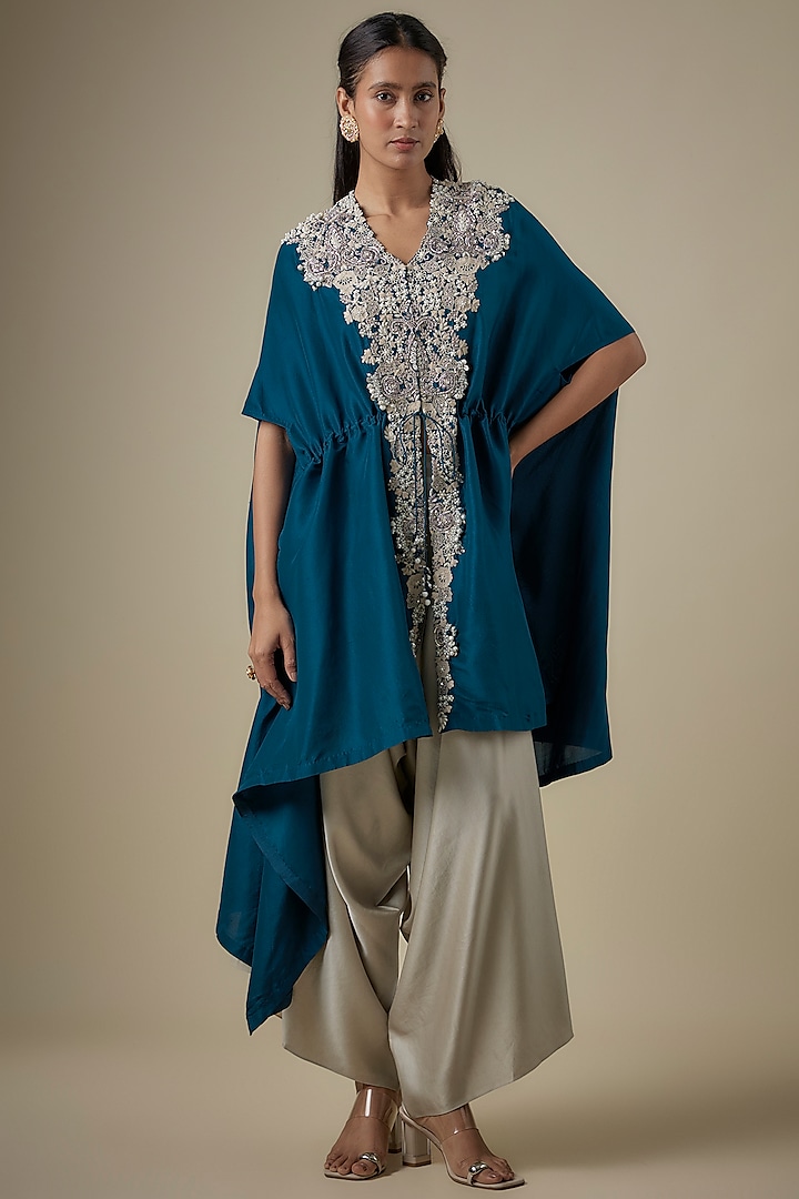 Blue Silk Resham Work Kaftan Set by Prisho at Pernia's Pop Up Shop
