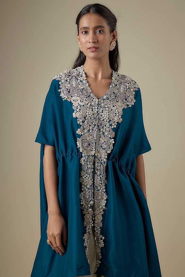 Blue Silk Resham Work Kaftan Set by Prisho at Pernia's Pop Up Shop