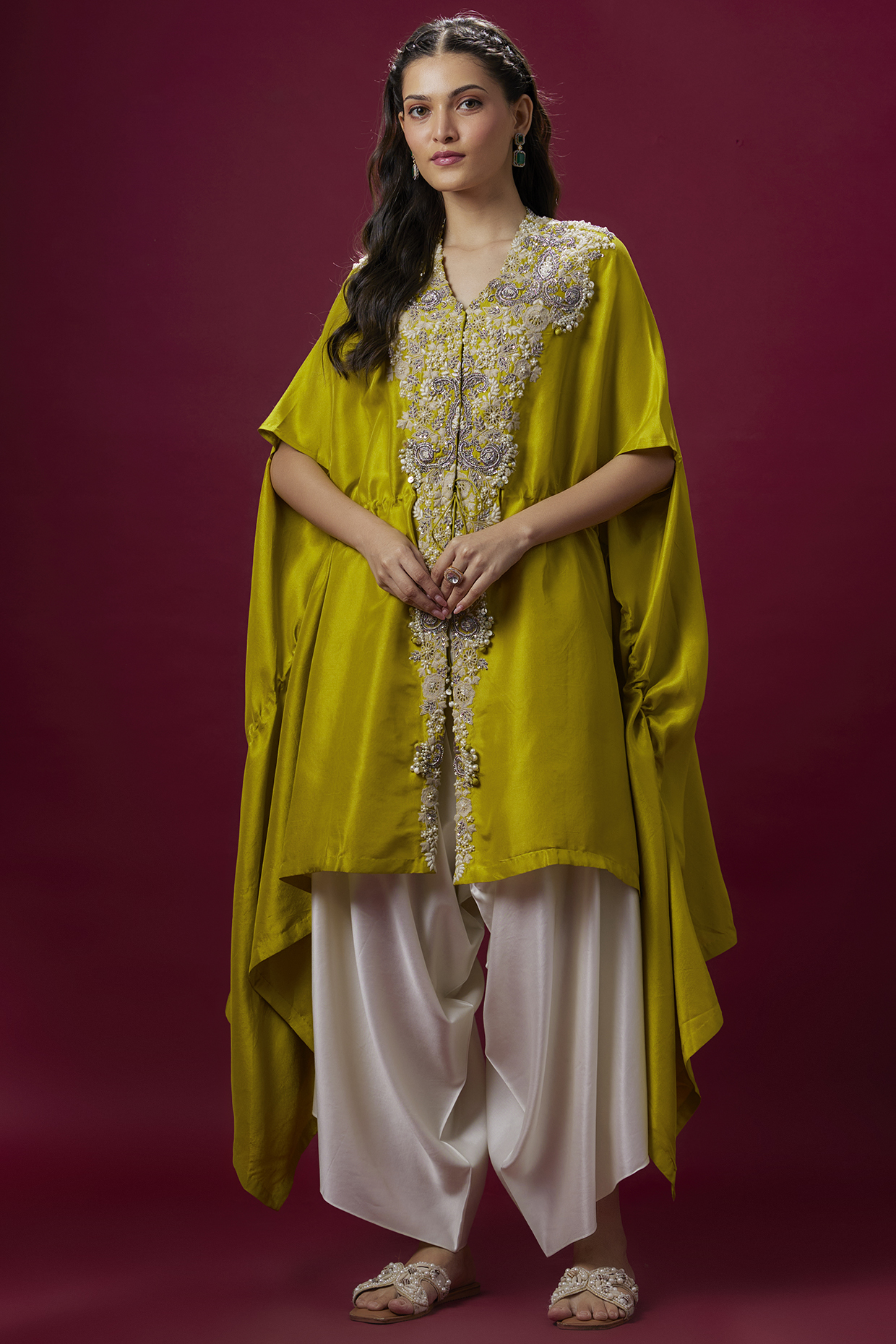 Lime Green Silk Resham Work Kaftan Set by Prisho at Pernia's Pop Up Shop