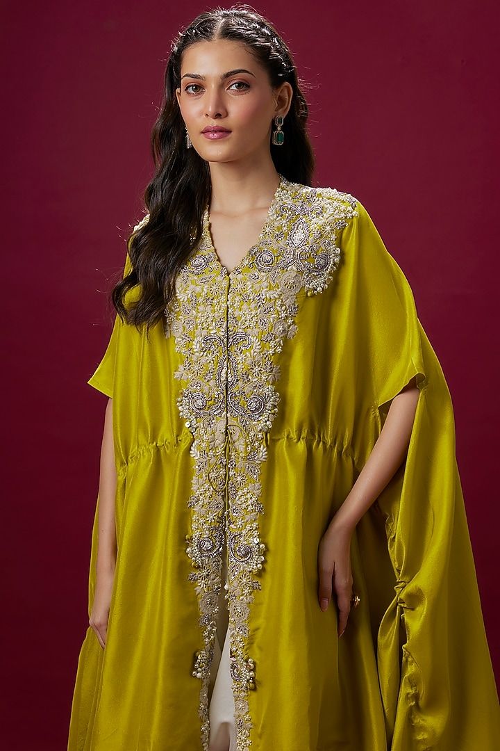 Lime Green Silk Resham Work Kaftan Set by Prisho at Pernia's Pop Up Shop