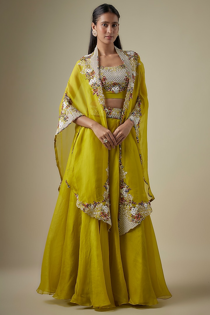 Lime Green Organza Thread Work Cape Set by Prisho at Pernia's Pop Up Shop