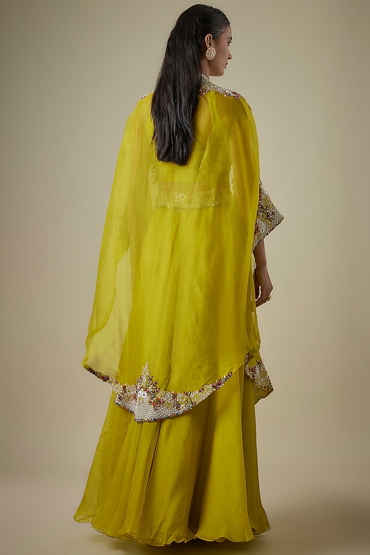 Lime Green Organza Thread Work Cape Set by Prisho at Pernia's Pop Up Shop