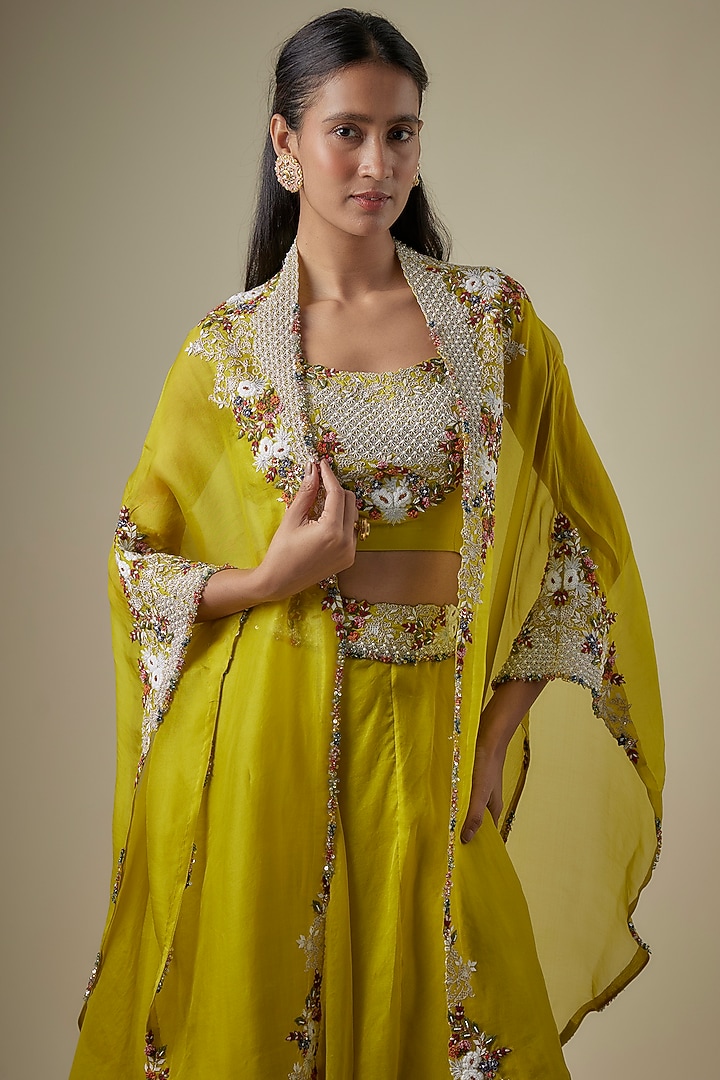 Lime Green Organza Thread Work Cape Set by Prisho at Pernia's Pop Up Shop