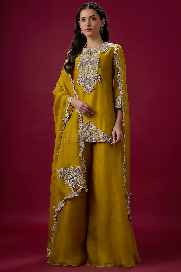 Mustard Organza Wedding Sharara Set by Prisho at Pernia's Pop Up Shop