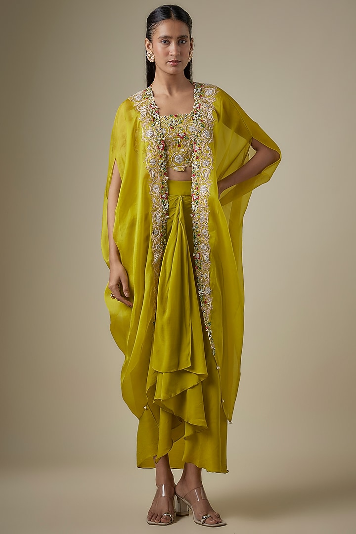 Lime Green Organza Dori Work Cape Set by Prisho at Pernia's Pop Up Shop