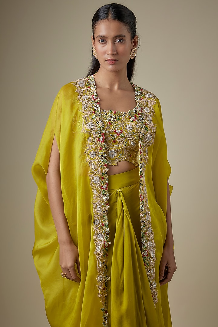 Lime Green Organza Dori Work Cape Set by Prisho at Pernia's Pop Up Shop