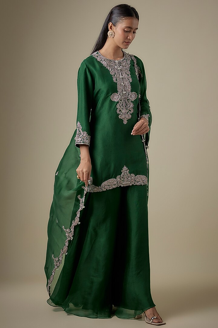 Bottle Green Organza Wedding Sharara Set by Prisho at Pernia's Pop Up Shop