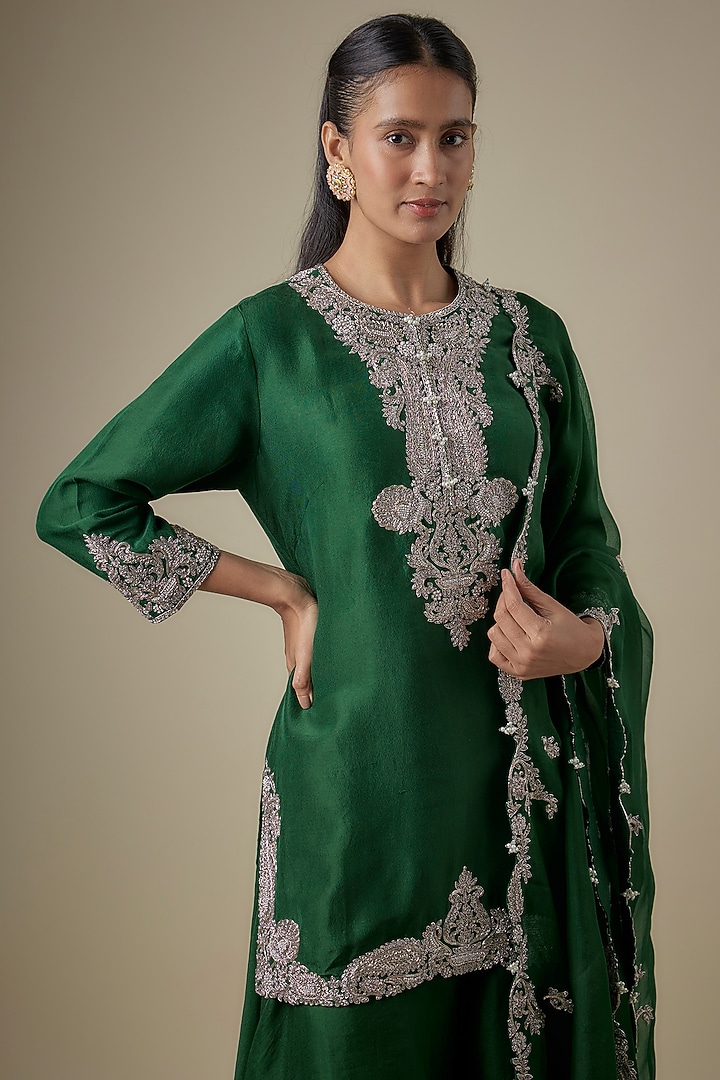 Bottle Green Organza Wedding Sharara Set by Prisho at Pernia's Pop Up Shop