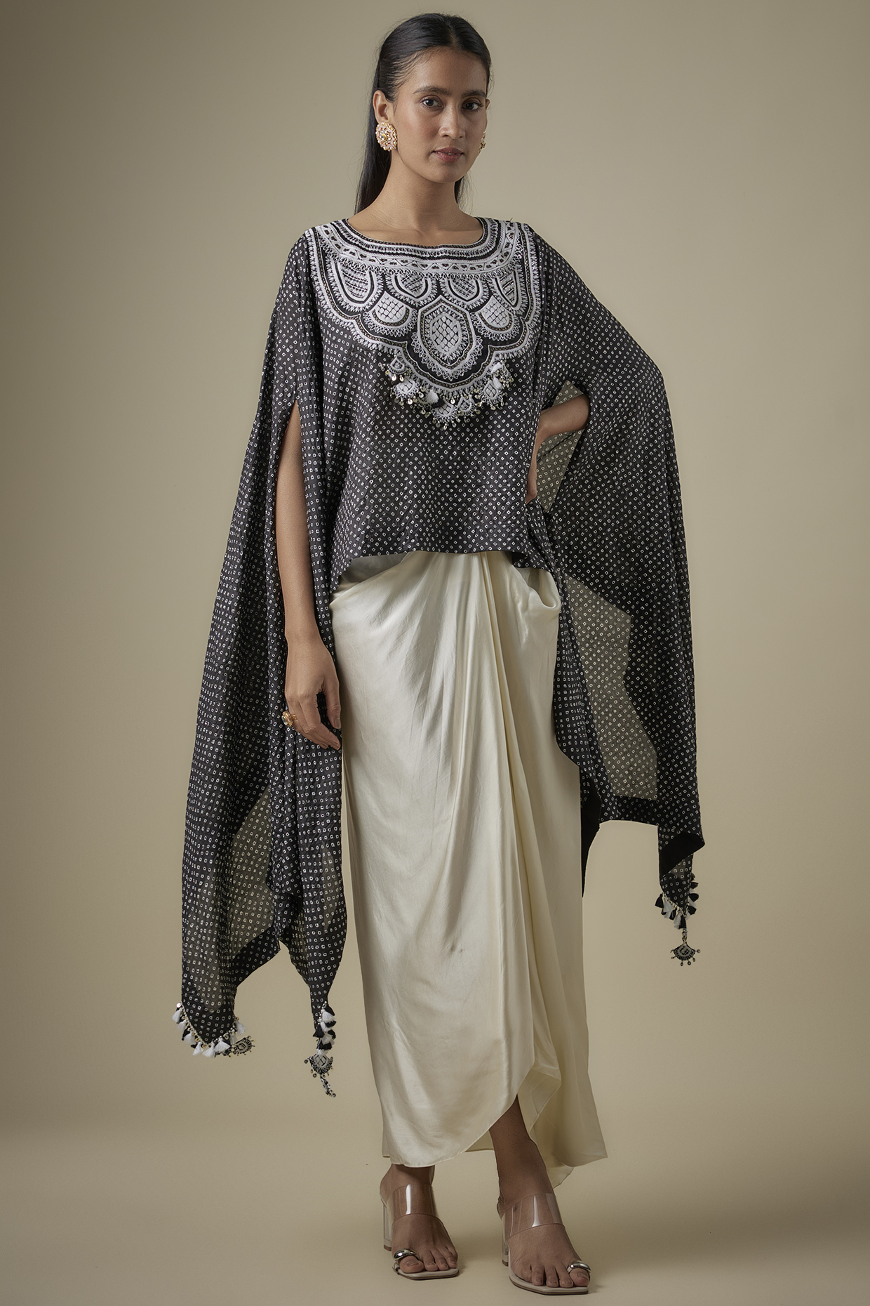 Black Bandhej Resham Work Kaftan Set by Prisho at Pernia's Pop Up Shop