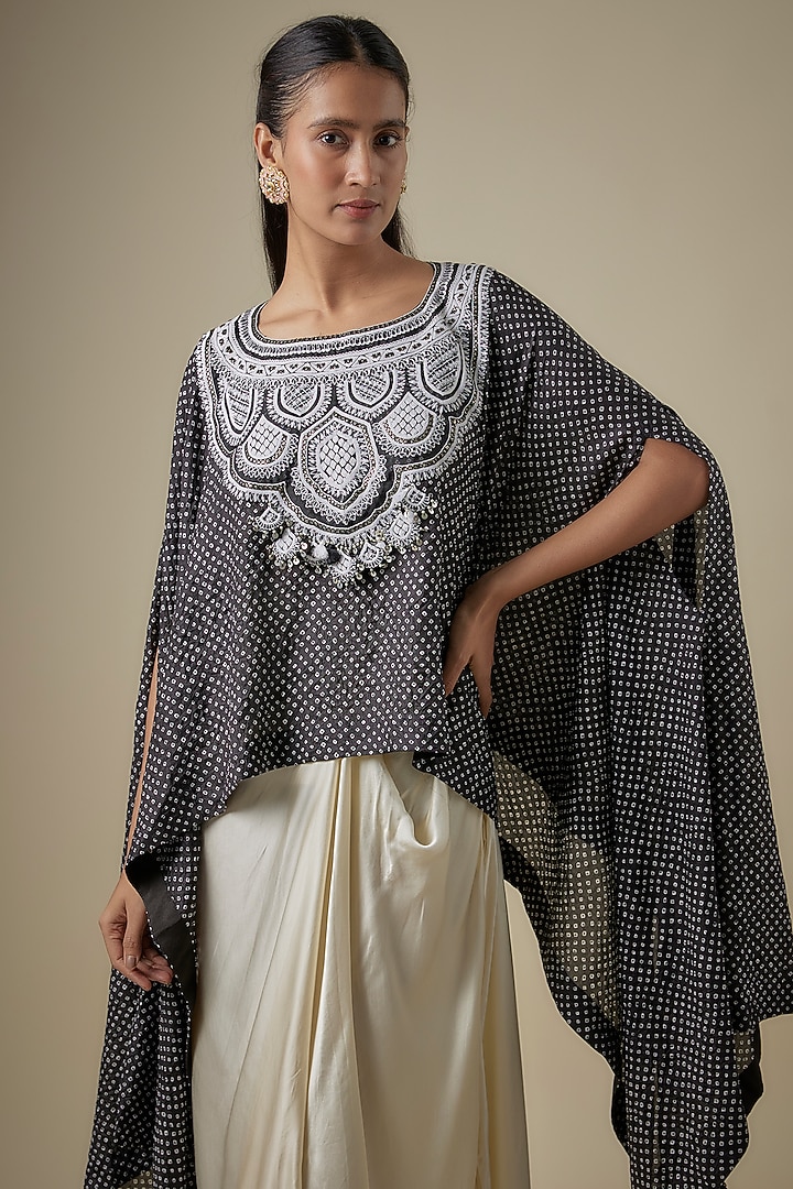 Black Bandhej Resham Work Kaftan Set by Prisho at Pernia's Pop Up Shop