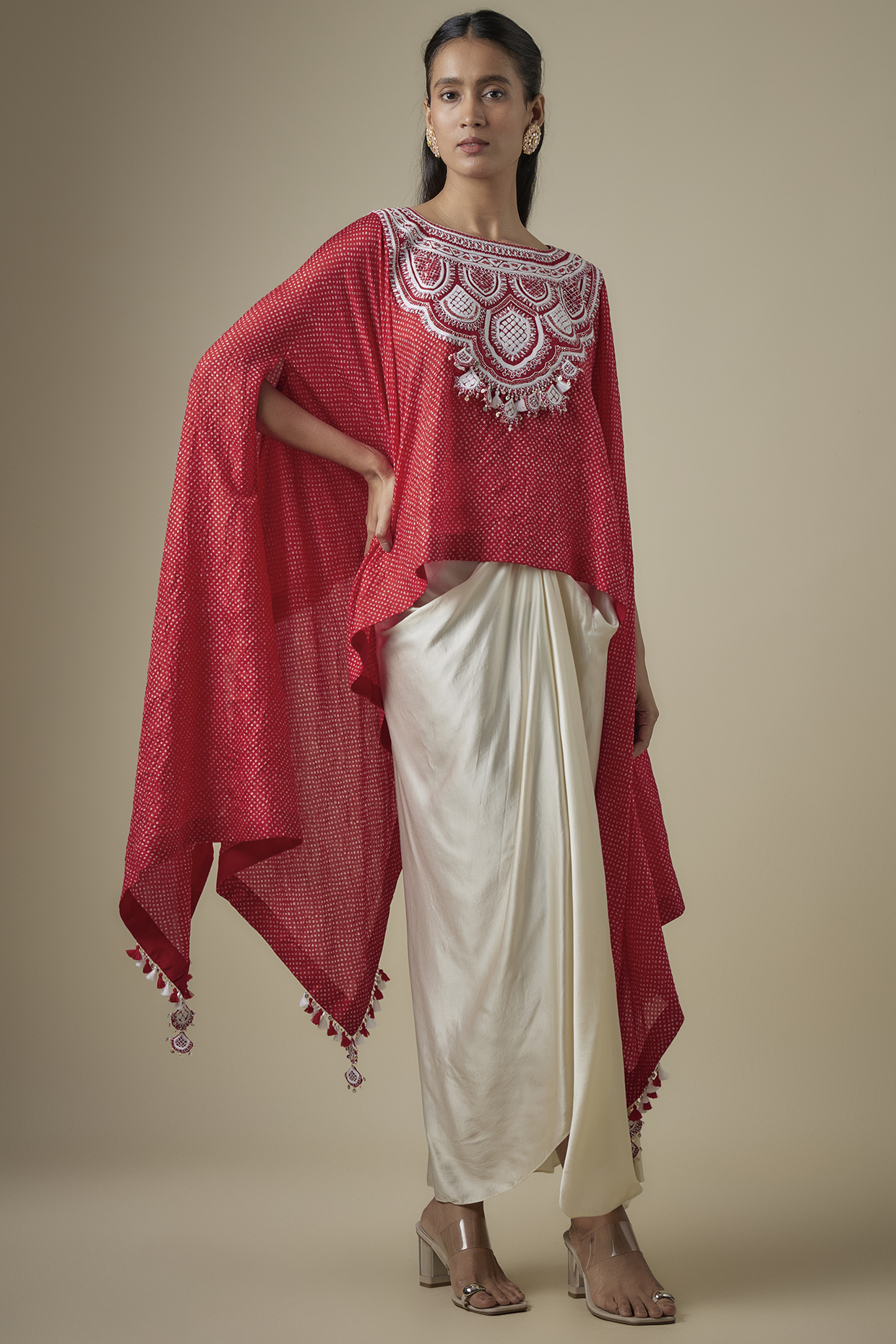 Red Bandhej Resham Work Kaftan Set by Prisho at Pernia's Pop Up Shop