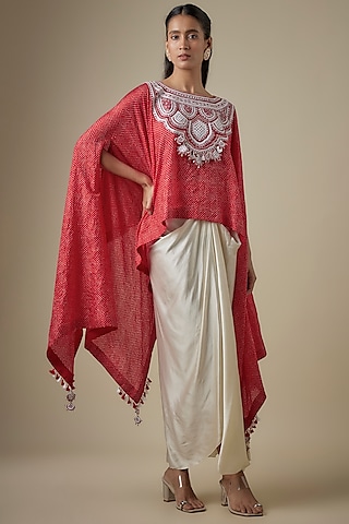 Red Bandhej Resham Work Kaftan Set by Prisho