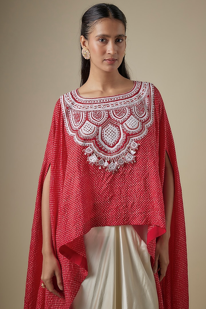 Red Bandhej Resham Work Kaftan Set by Prisho at Pernia's Pop Up Shop