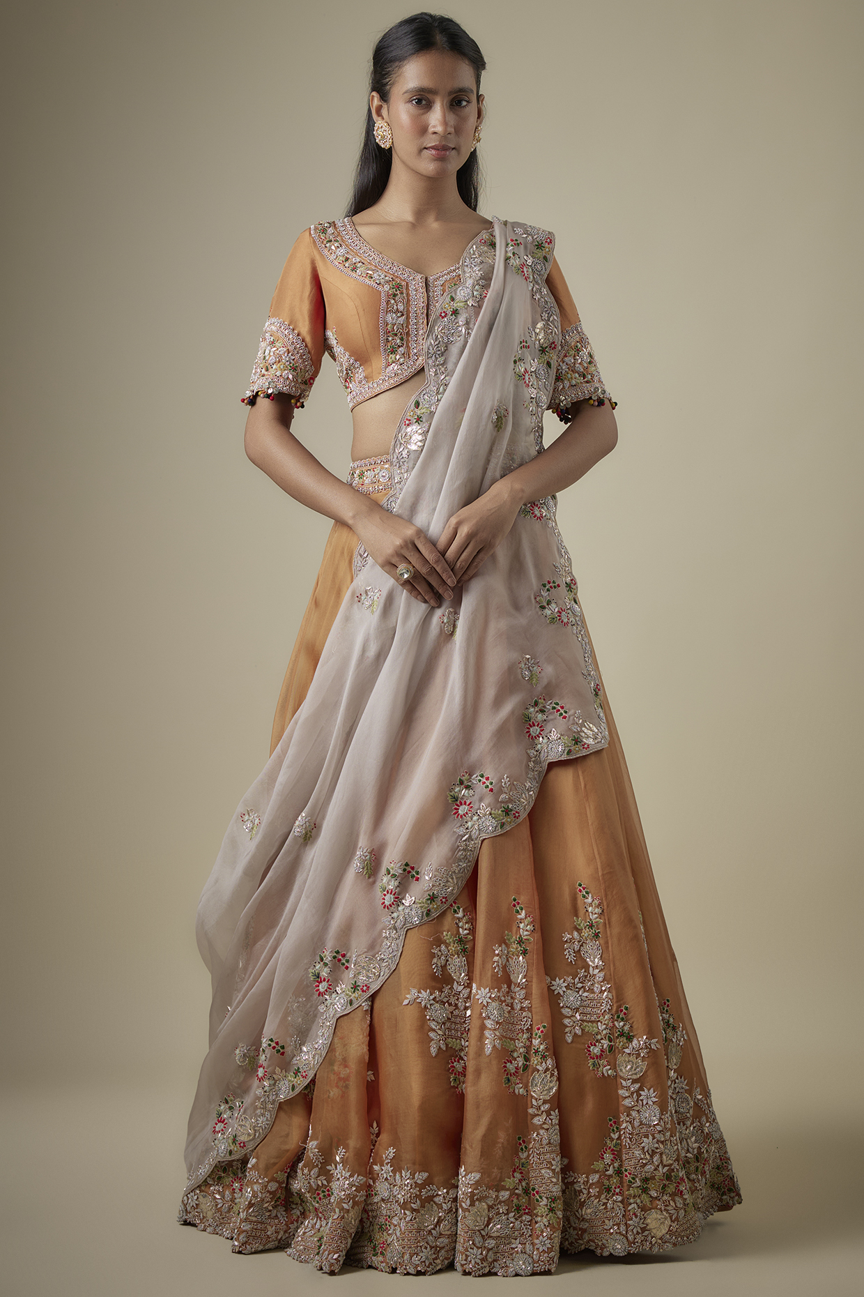Rust Organza Maal Work Bridal Lehenga Set by Prisho at Pernia's Pop Up Shop