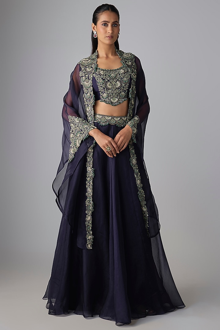 Royal Blue Organza Thread Work Skirt Set by Prisho at Pernia's Pop Up Shop