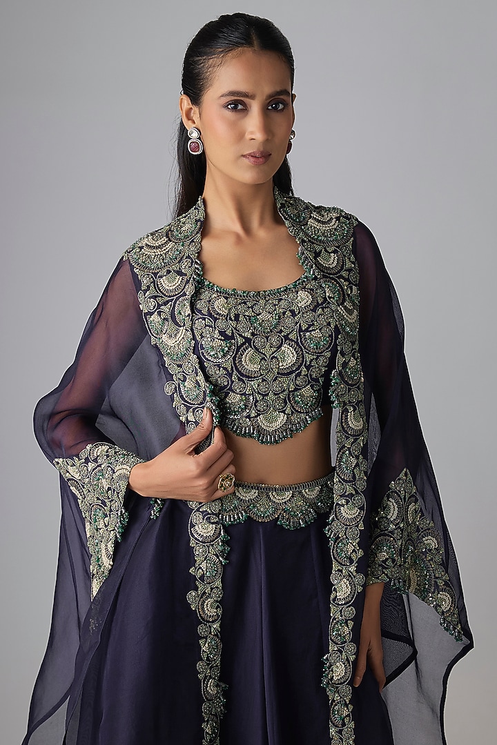 Royal Blue Organza Thread Work Skirt Set by Prisho at Pernia's Pop Up Shop