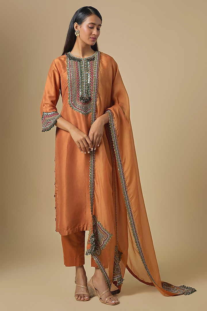 Rust Silk & Organza Thread Embroidered Kurta Set by Prisho at Pernia's Pop Up Shop