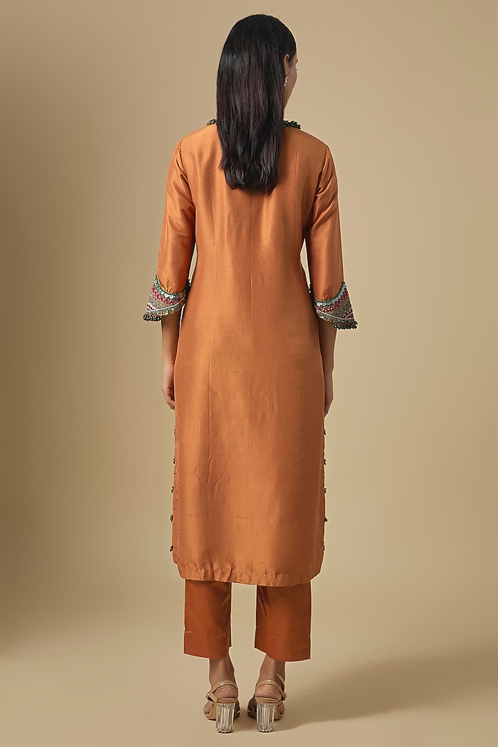 Rust Silk & Organza Thread Embroidered Kurta Set by Prisho at Pernia's Pop Up Shop