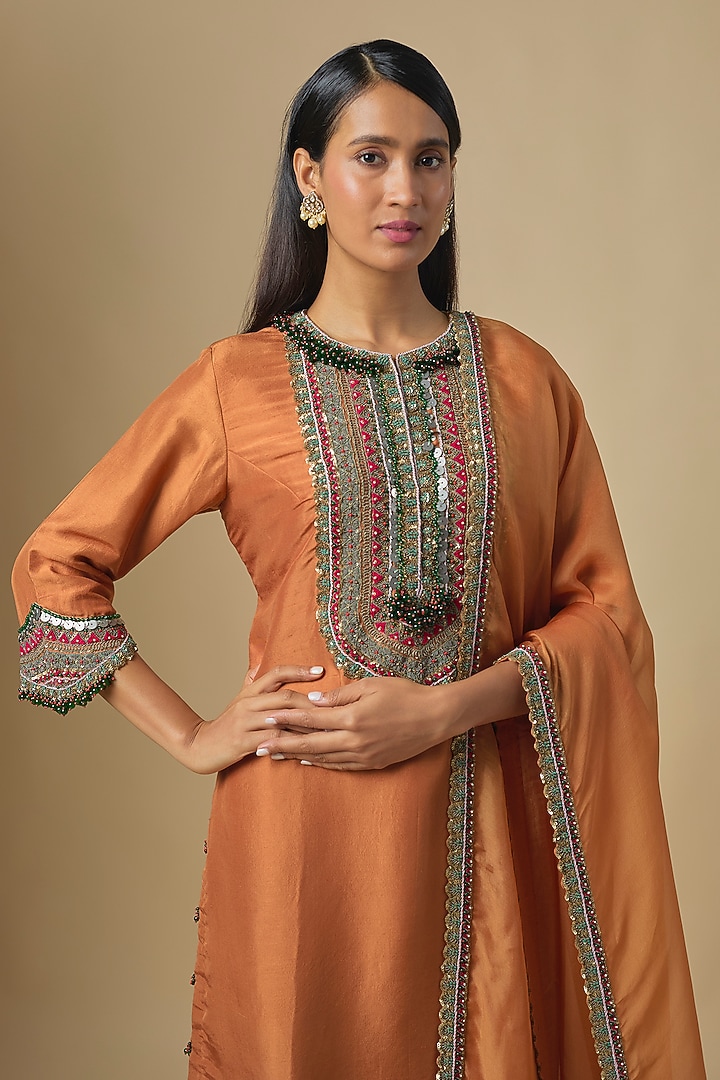 Rust Silk & Organza Thread Embroidered Kurta Set by Prisho at Pernia's Pop Up Shop