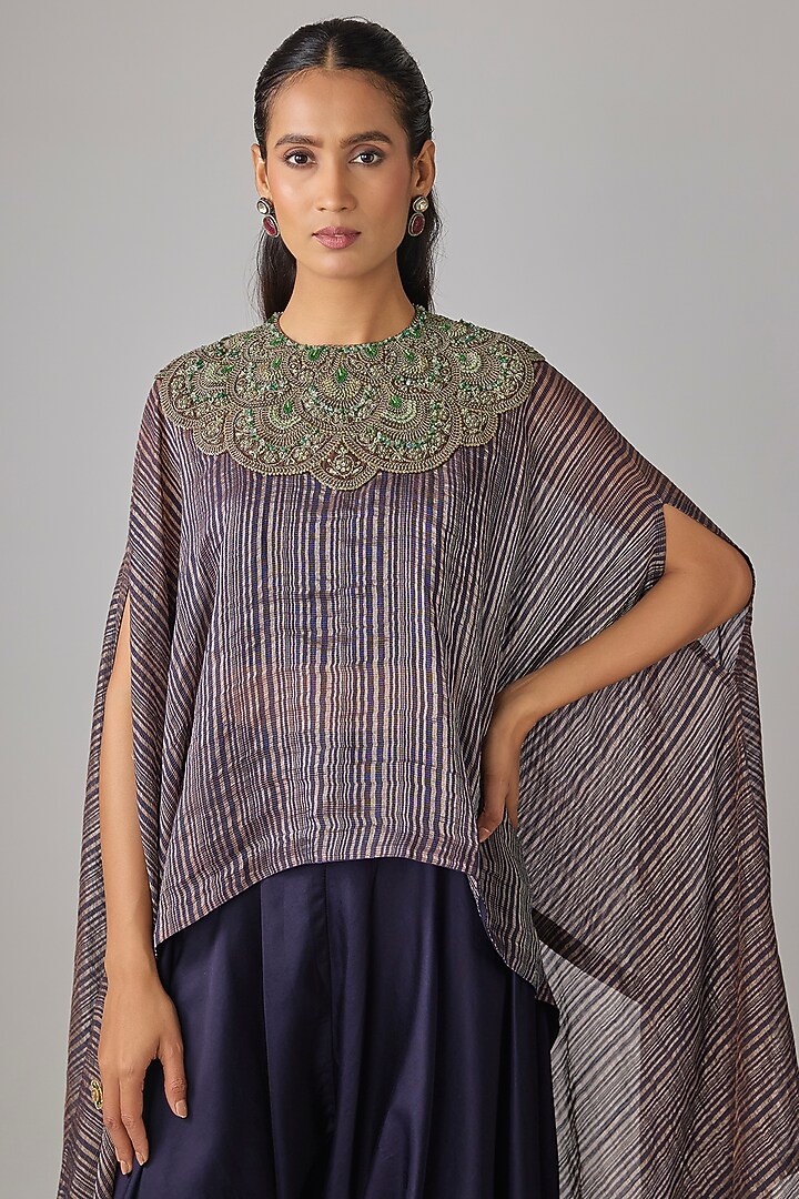 Royal Blue Tissue Thread Work Kaftan Set by Prisho at Pernia's Pop Up Shop