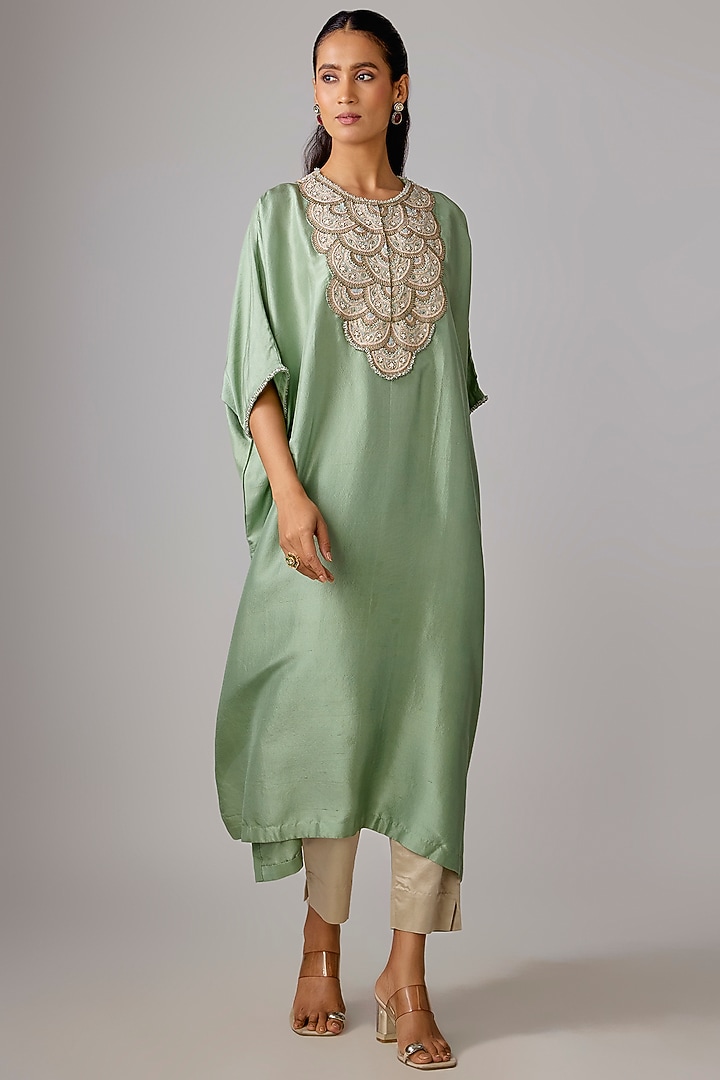 Aqua Green Silk Resham Work Kaftan Set by Prisho at Pernia's Pop Up Shop