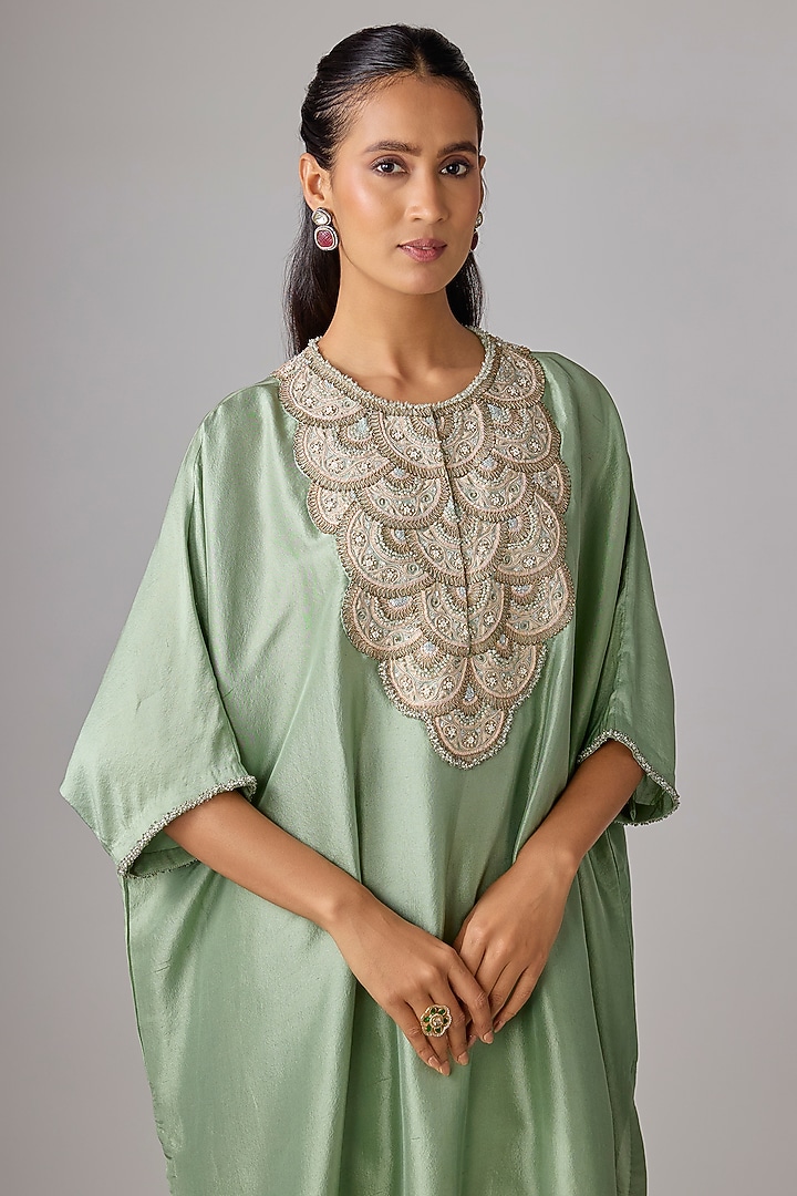 Aqua Green Silk Resham Work Kaftan Set by Prisho at Pernia's Pop Up Shop